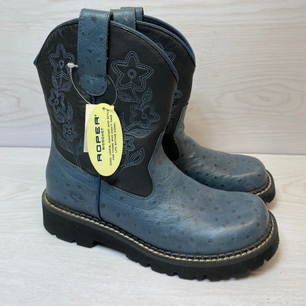 Roper Women 8 Ricochet Cowboy Boots Floral Ostrich Print Blue Black Leather Lug